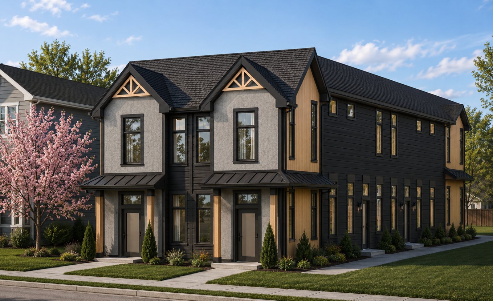 Architectural rendering of a planned Urbanz fourplex with dark siding and cedar accents